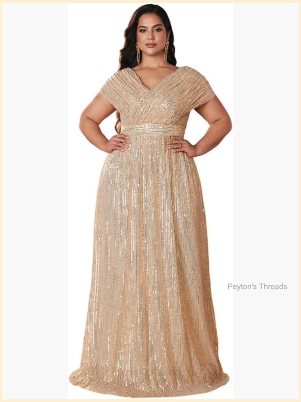 Plus Size Sequined V Neck Maxi Formal Prom Evening Dress A-Line